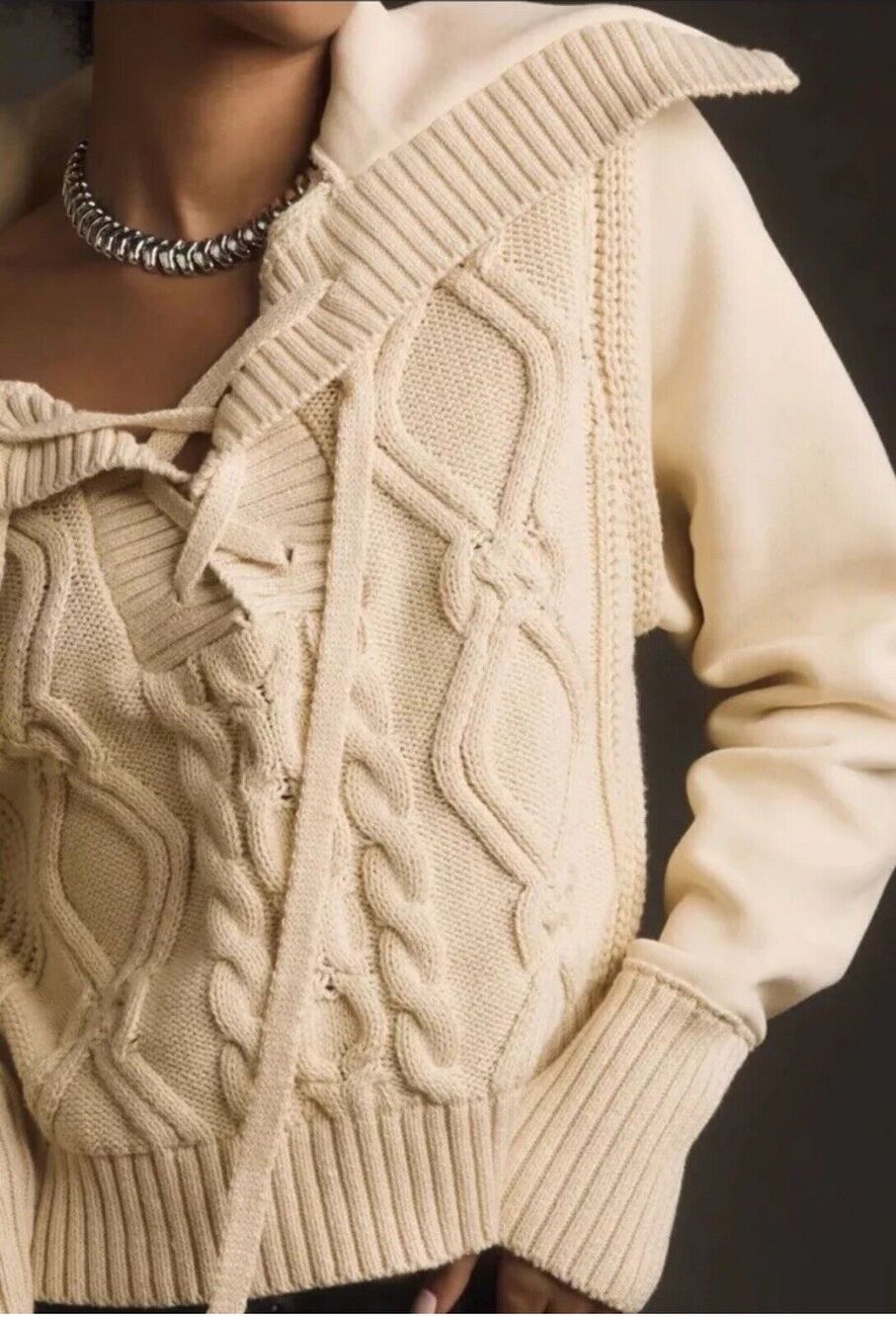 Anthropologie Pilcro Cream Cable Knit Laced Twofer Sweater Sweatshirt L